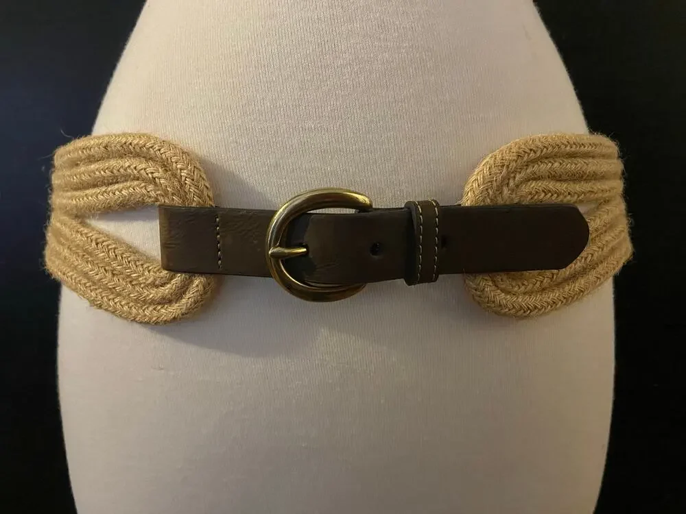 Wide Brown Leather/Rope Elastic Waist Belt sz L/XL